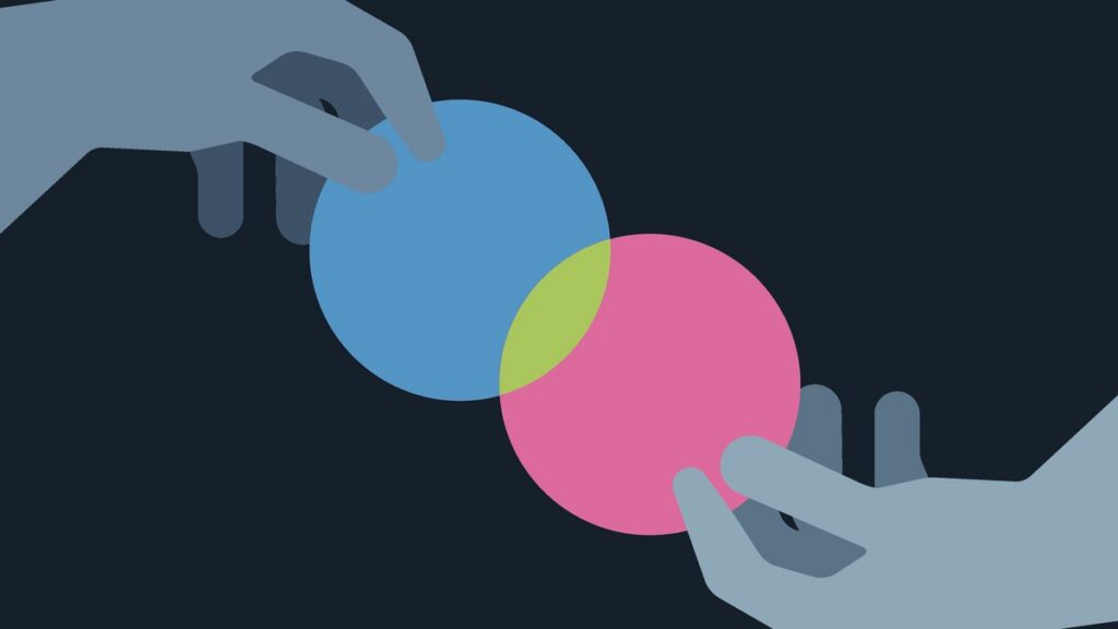 Illustration of two institutions merging, with overlapping circles representing credit union merger integration